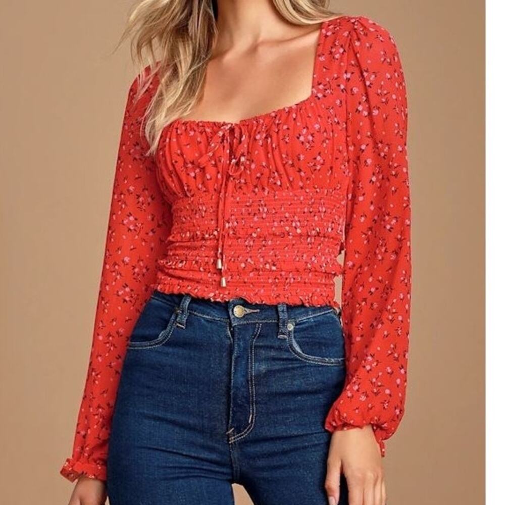 Free People M Lolita Red Floral Top Smocked Cottagecore Romantic Milkmaid $98